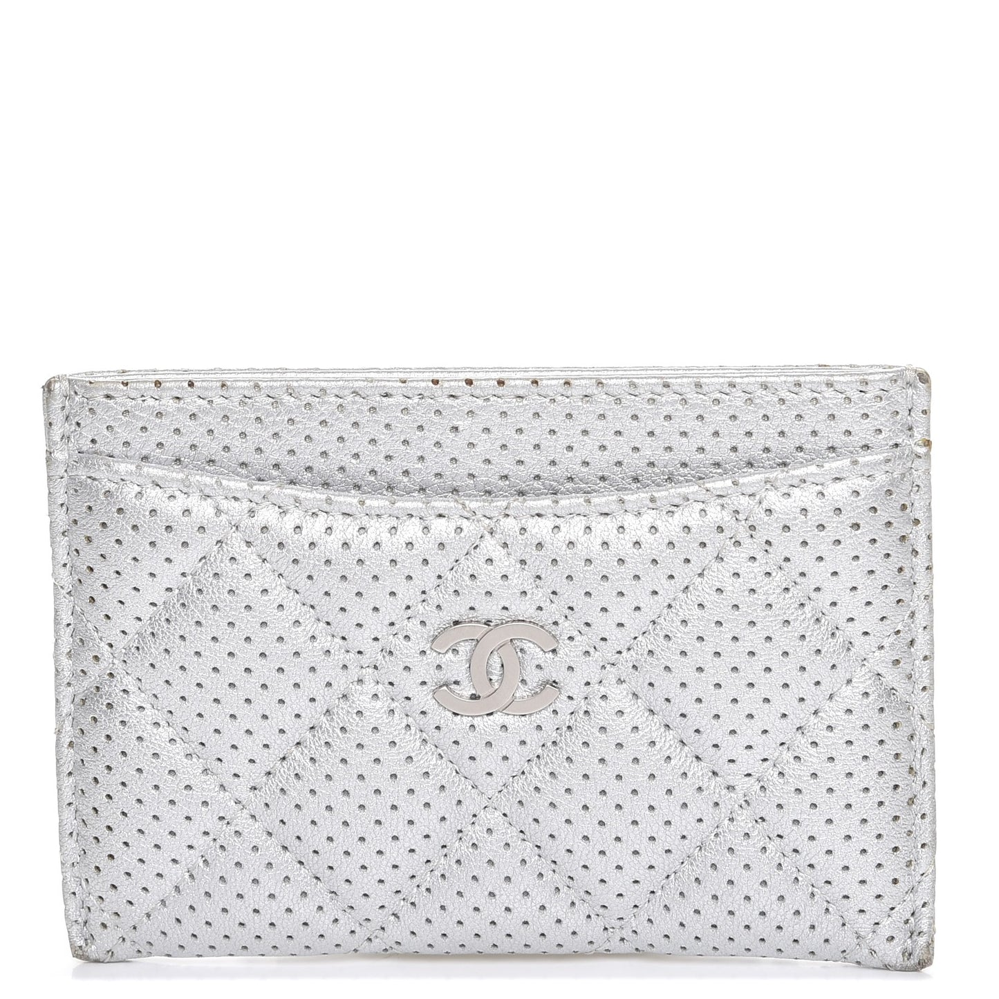 Metallic Lambskin Perforated Quilted Card Holder Silver