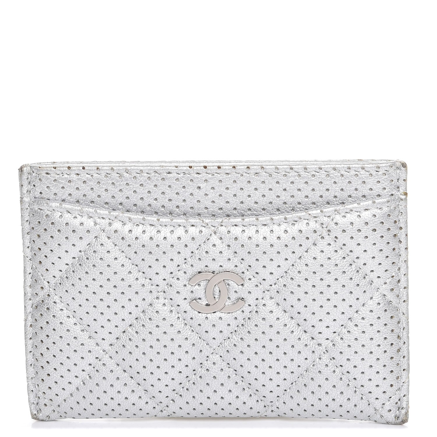 Chanel Metallic Lambskin Perforated Quilted Card Holder Silver 1 of 12