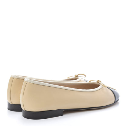 Chanel Lambskin CC Cap Toe Ballerina Flats 37.5 Beige Black 4 of 8