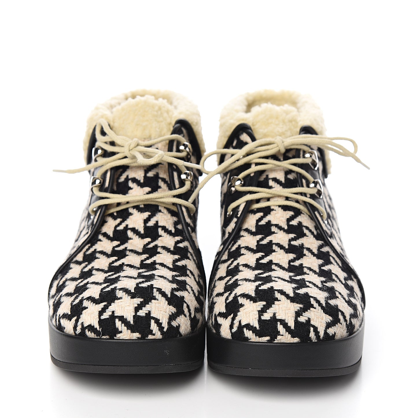 Optical Tweed Faux Shearling Houndstooth Victor Lace Up Ankle Boots 40.5 White Black