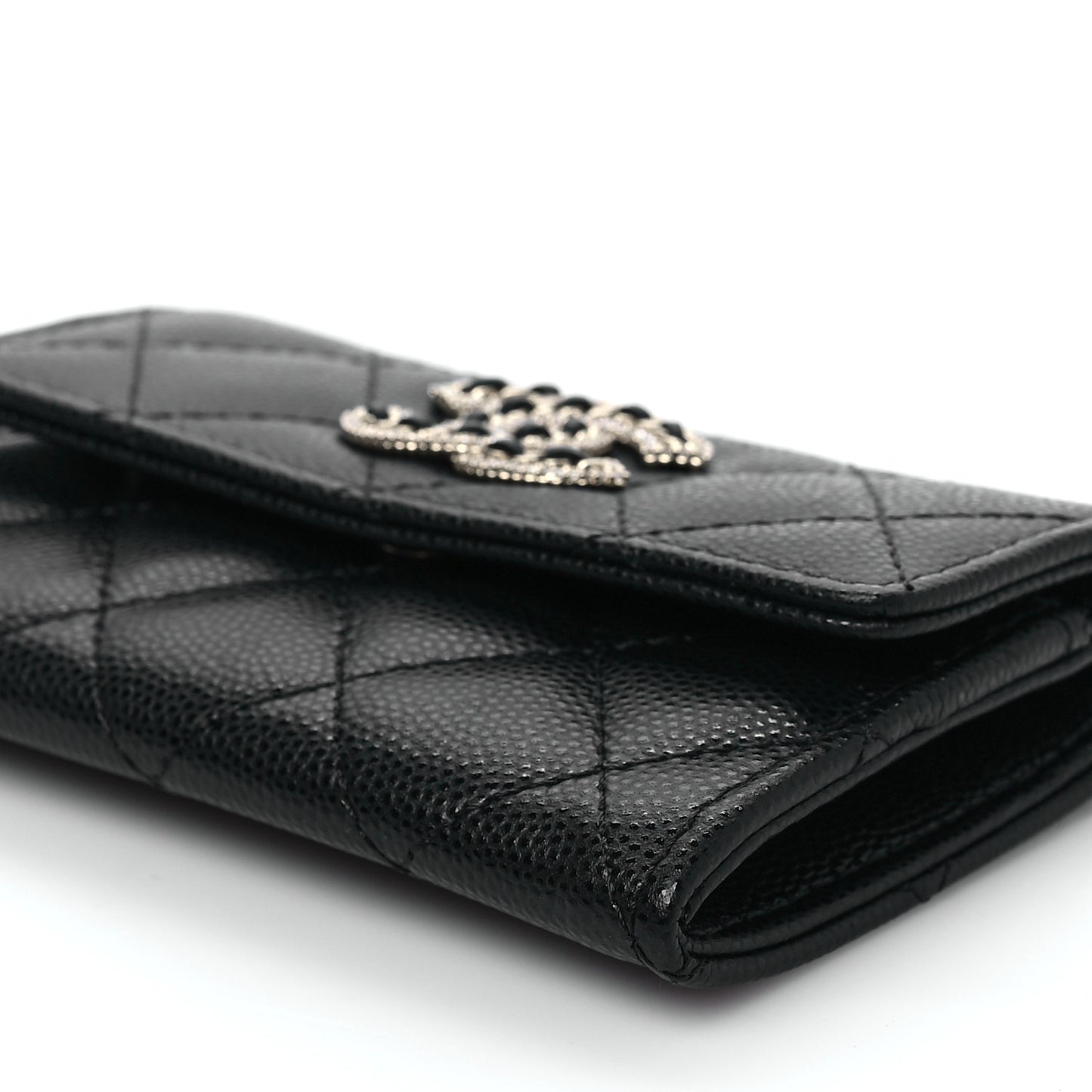 Caviar Quilted Crystal CC Flap Card Holder Black