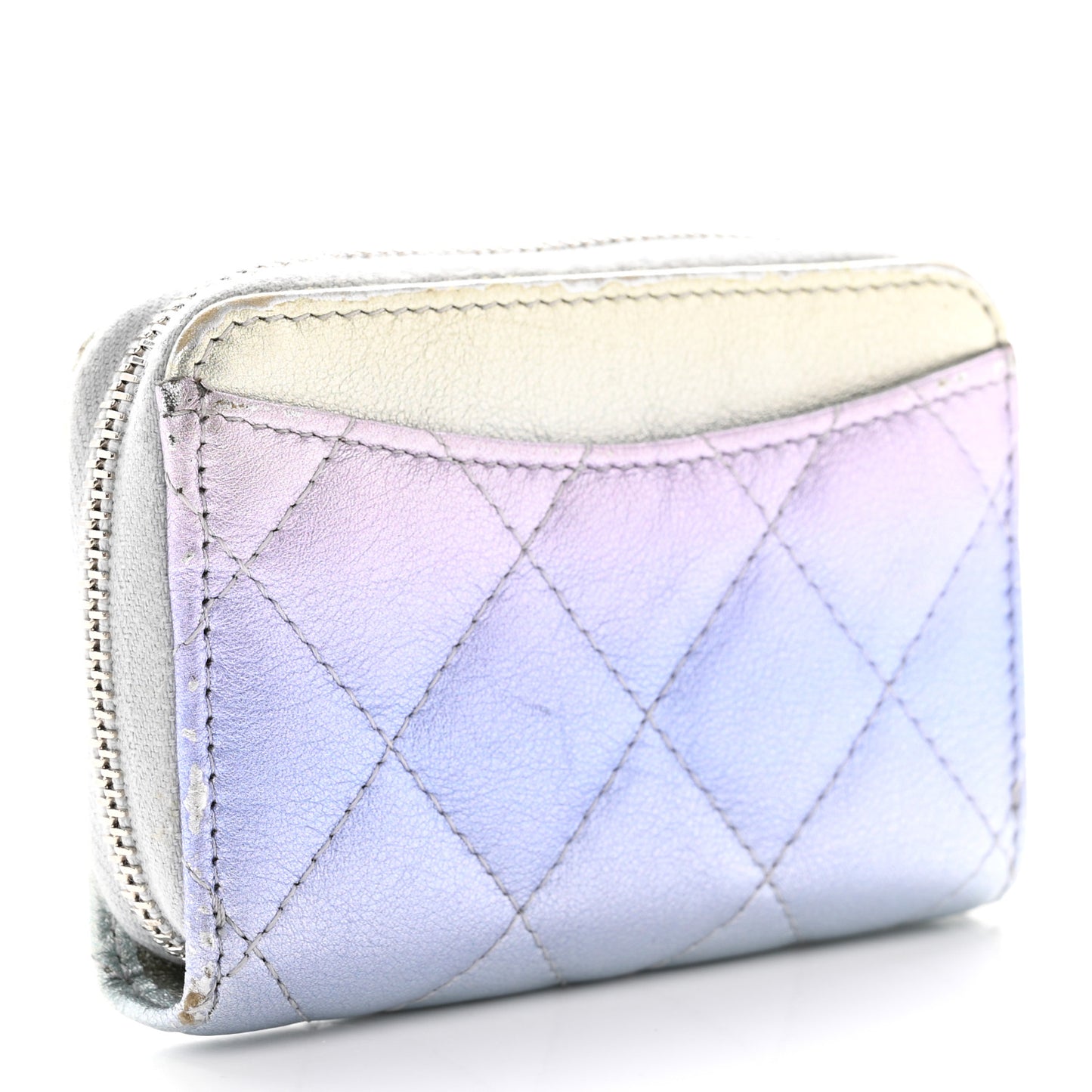 Gradient Metallic Calfskin Quilted Zip Around Coin Purse Wallet Silver Blue Yellow Purple