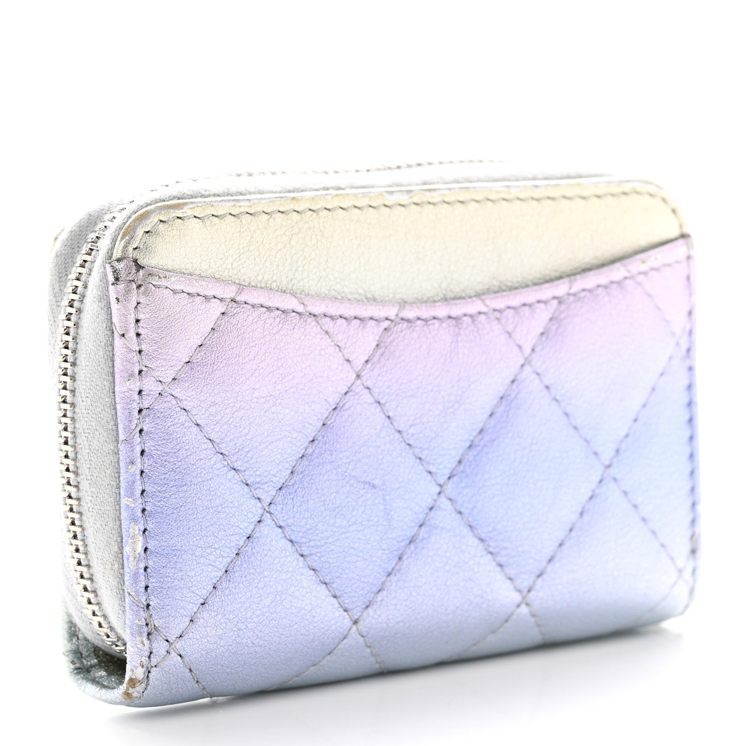 Chanel Gradient Metallic Calfskin Quilted Zip Around Coin Purse Wallet Silver Blue Yellow Purple 3 of 12