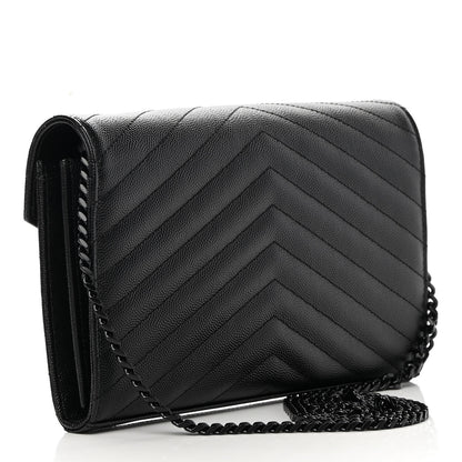 Saint Laurent Grain De Poudre Matelasse Chevron Monogram Chain Wallet Black 3 of 12