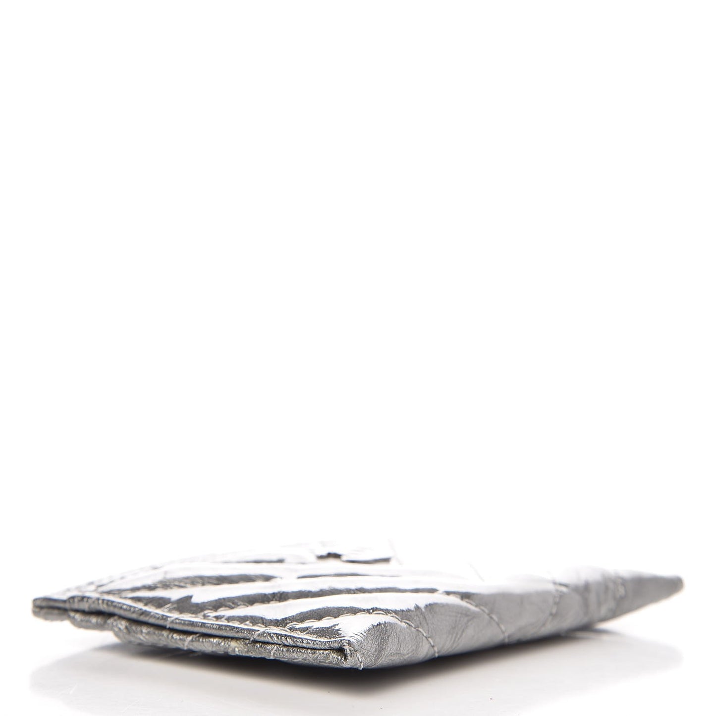 Patent Metallic Crumpled Calfskin Chevron Quilted Card Holder Silver