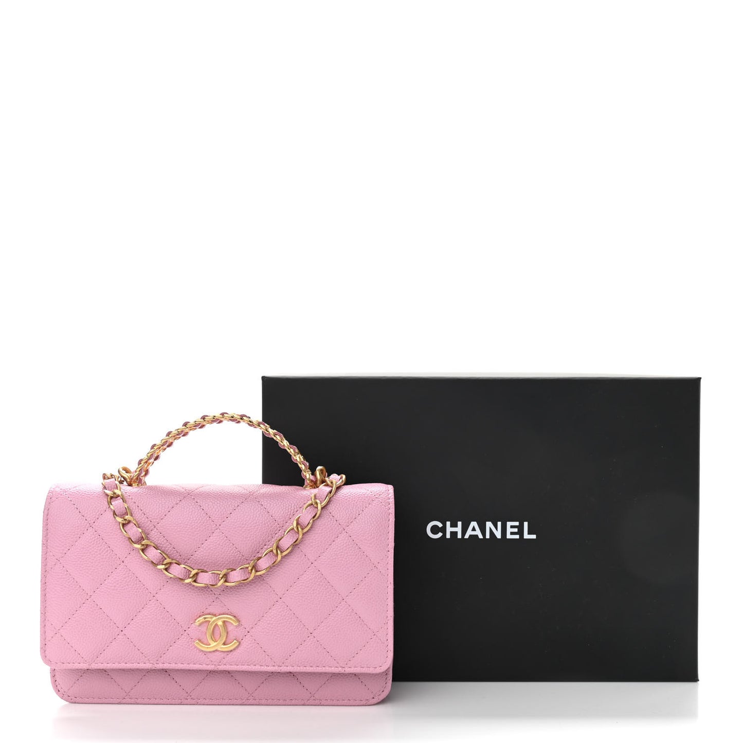 Shiny Caviar Quilted Pick Me Up Wallet On Chain WOC Pink