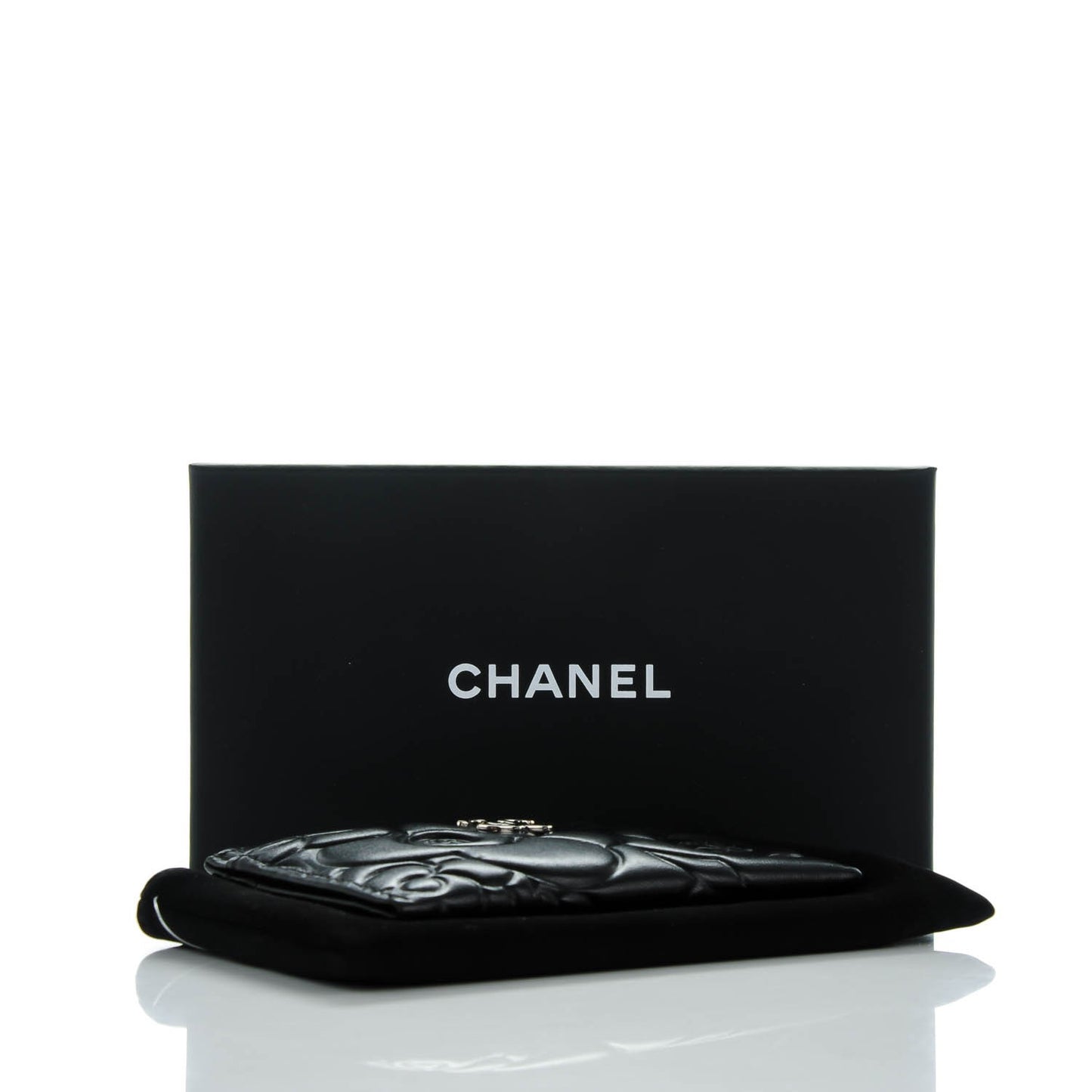Lambskin Camellia Embossed Card Holder Black