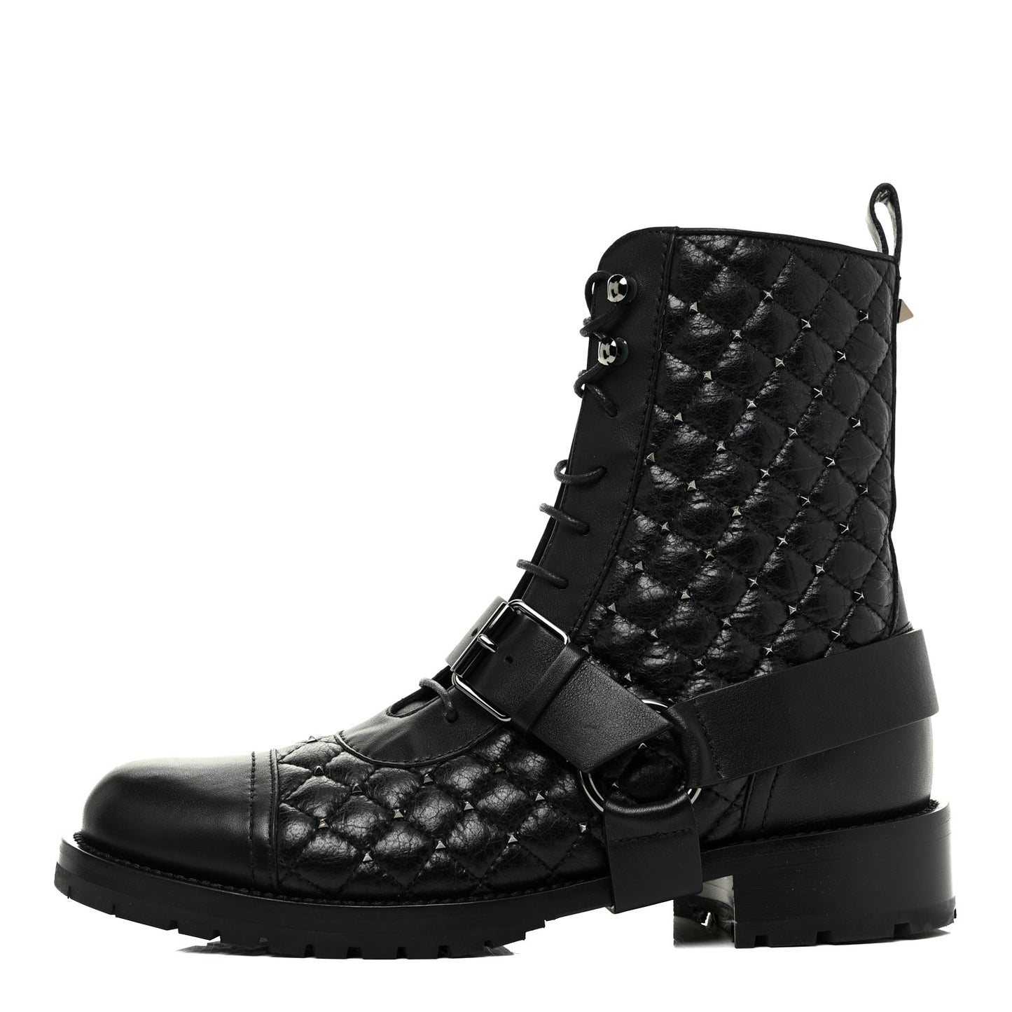 Crackled Lambskin Rockstud Spike 20mm Combat Boots 36.5 Black