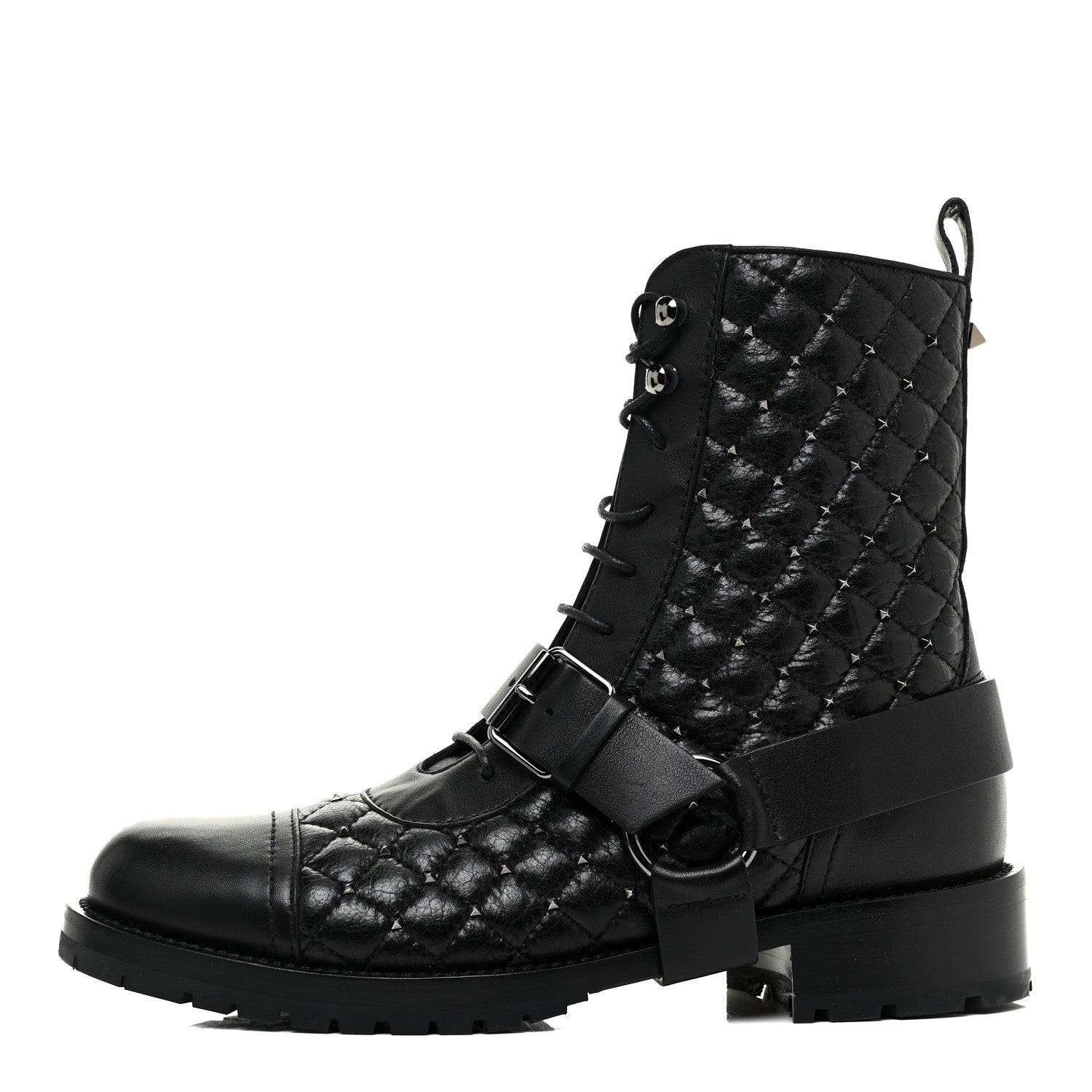 Valentino Garavani Crackled Lambskin Rockstud Spike 20mm Combat Boots 36.5 Black 1 of 11