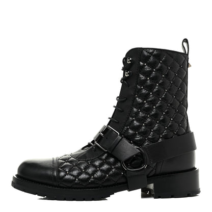 Valentino Garavani Crackled Lambskin Rockstud Spike 20mm Combat Boots 36.5 Black 1 of 11