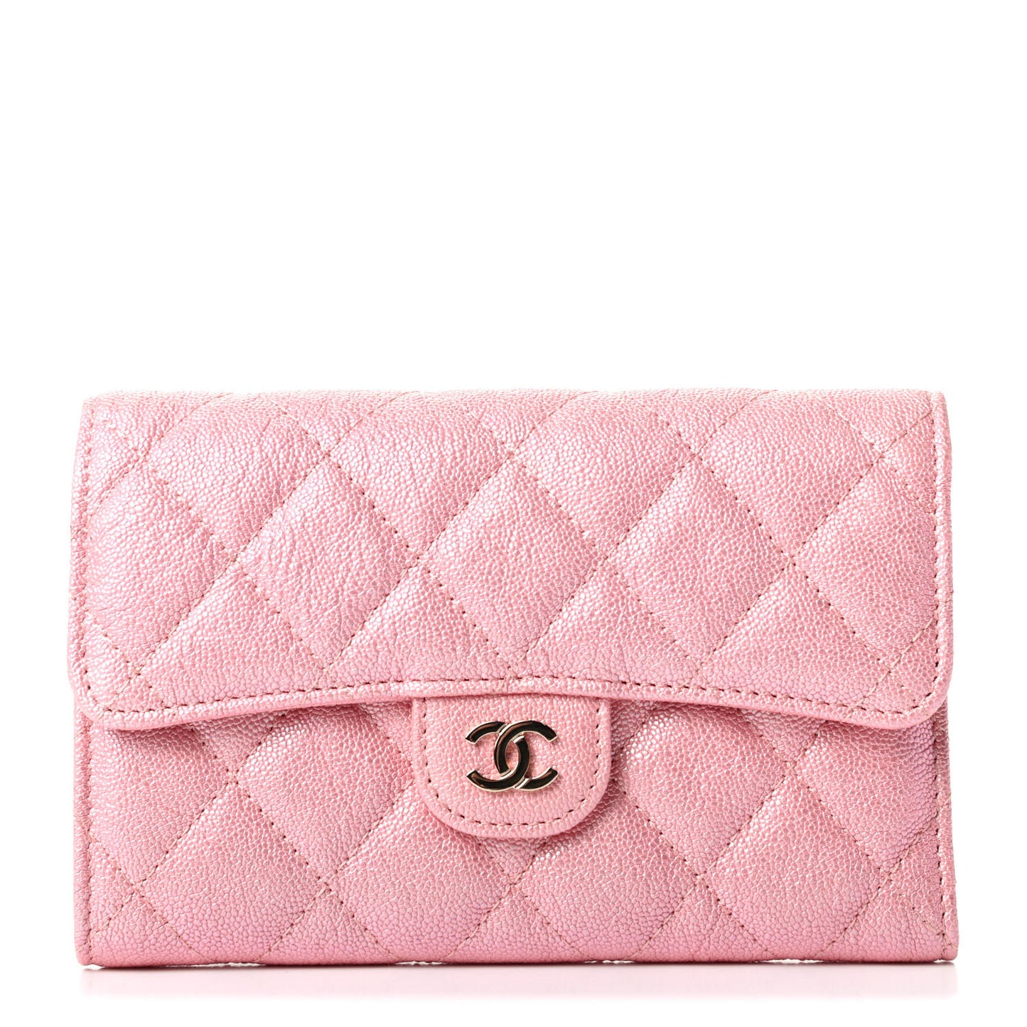 Iridescent Caviar Quilted Medium Flap Wallet Rose Pink