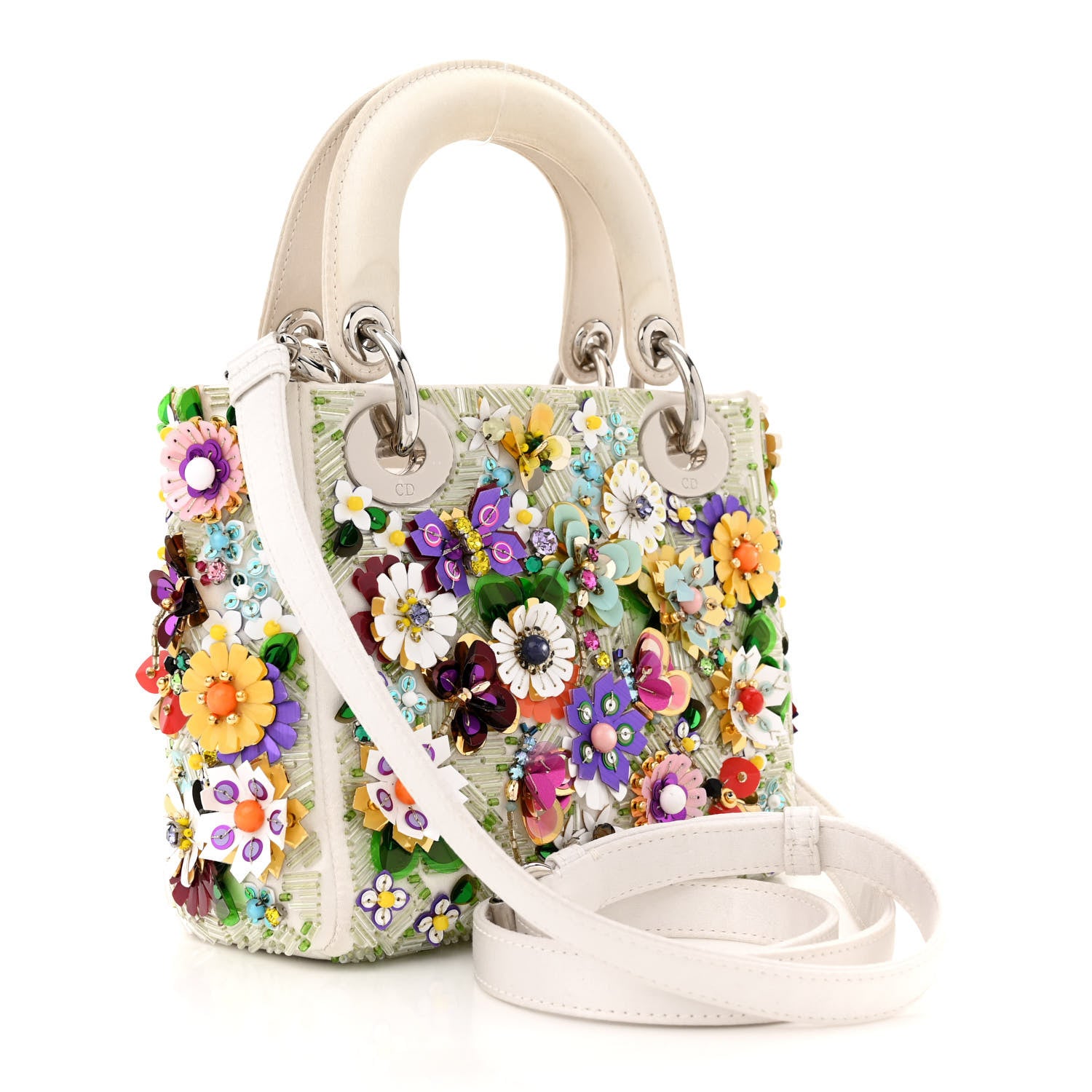 Christian Dior Satin Beaded Floral Embroidered Mini Lady Dior White Multicolor 3 of 19