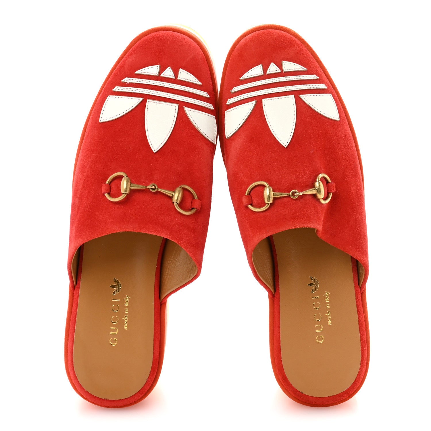 Gucci X ADIDAS Kid Scamosciato Quentin Goatskin Trefoil Embroidered Horsebit Platform Mules 36.5 Red Multicolor 2 of 9
