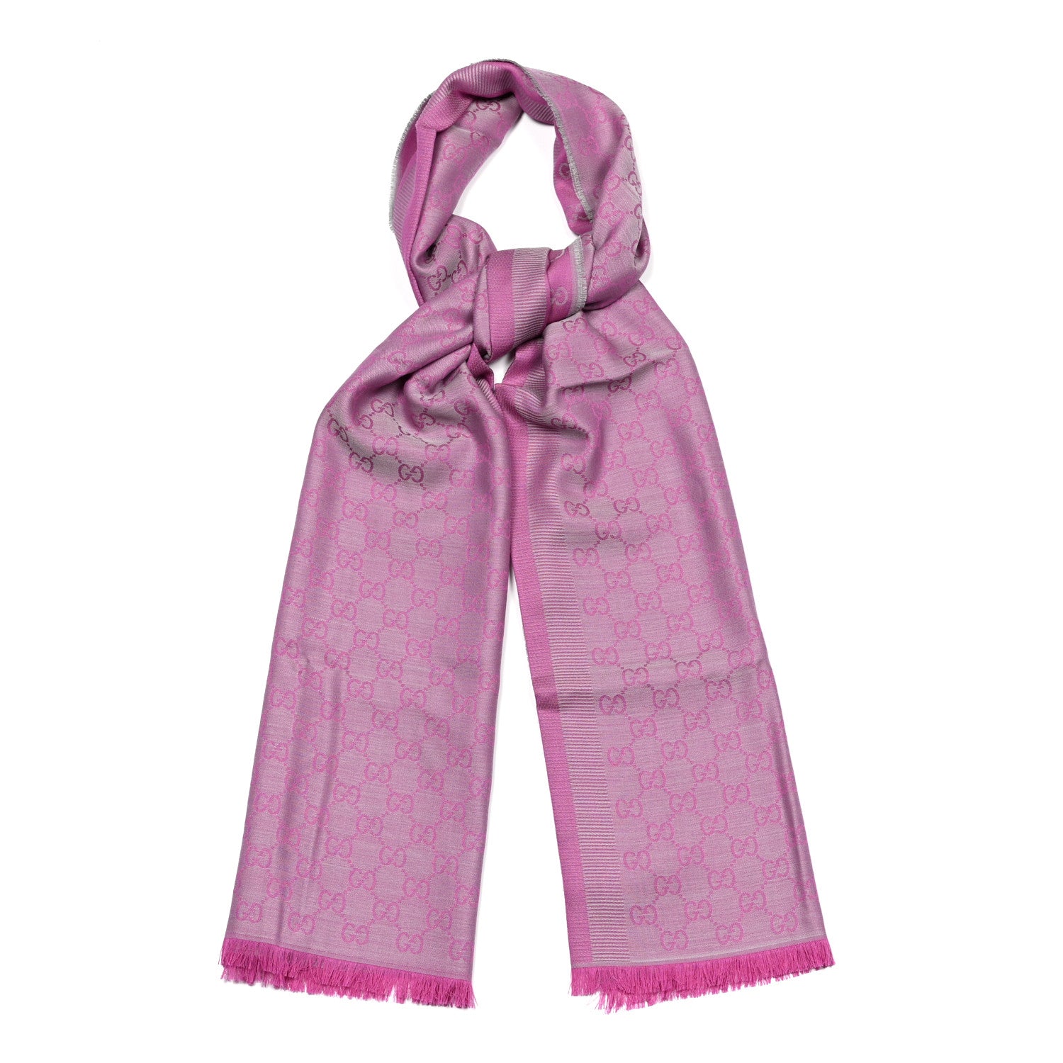 Gucci Wool Silk GG Monogram GGWeblong Fringe Scarf Shawl Zinc Pink 2 of 8