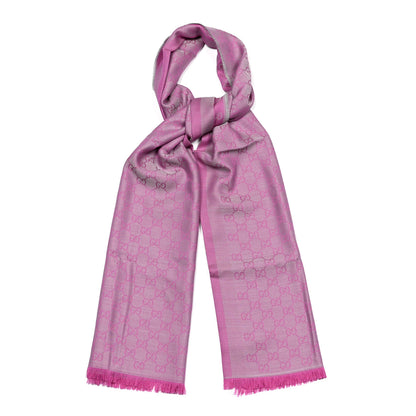 Gucci Wool Silk GG Monogram GGWeblong Fringe Scarf Shawl Zinc Pink 2 of 8