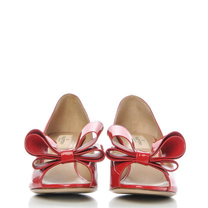 Valentino Garavani Patent Couture Bow Peep Toe Low Heel Pumps 37.5 Rosso Valentino 2 of 9