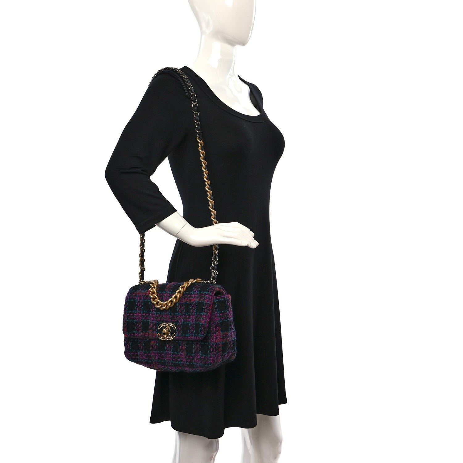 Chanel Tweed Quilted Medium Chanel 19 Flap Black Blue Purple 2 of 9