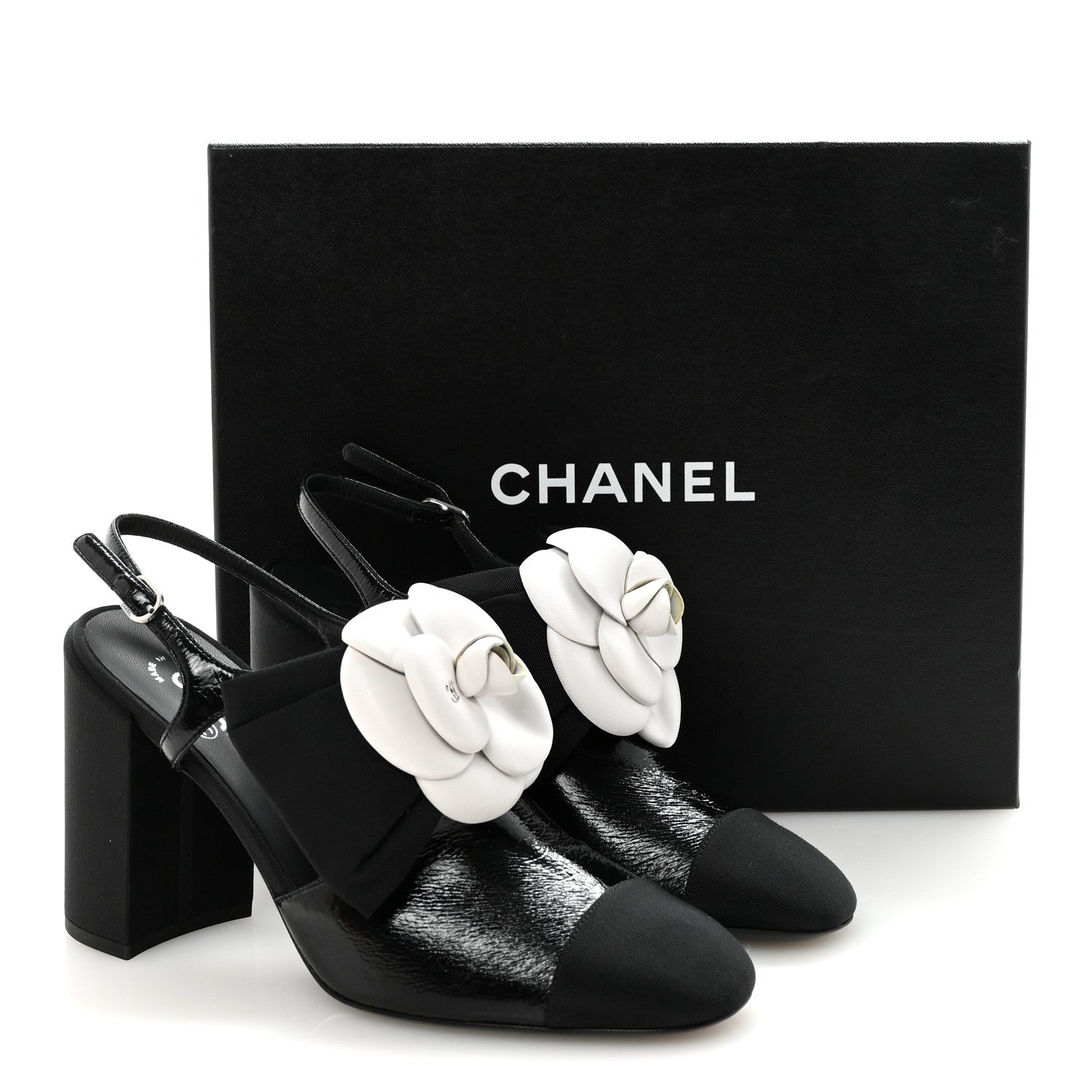 Chanel Crumpled Shiny Fabric Grosgrain Cap Toe Camellia Bow Slingback Pumps 39 Black 17 of 18