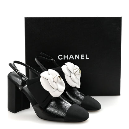Chanel Crumpled Shiny Fabric Grosgrain Cap Toe Camellia Bow Slingback Pumps 39 Black 17 of 18