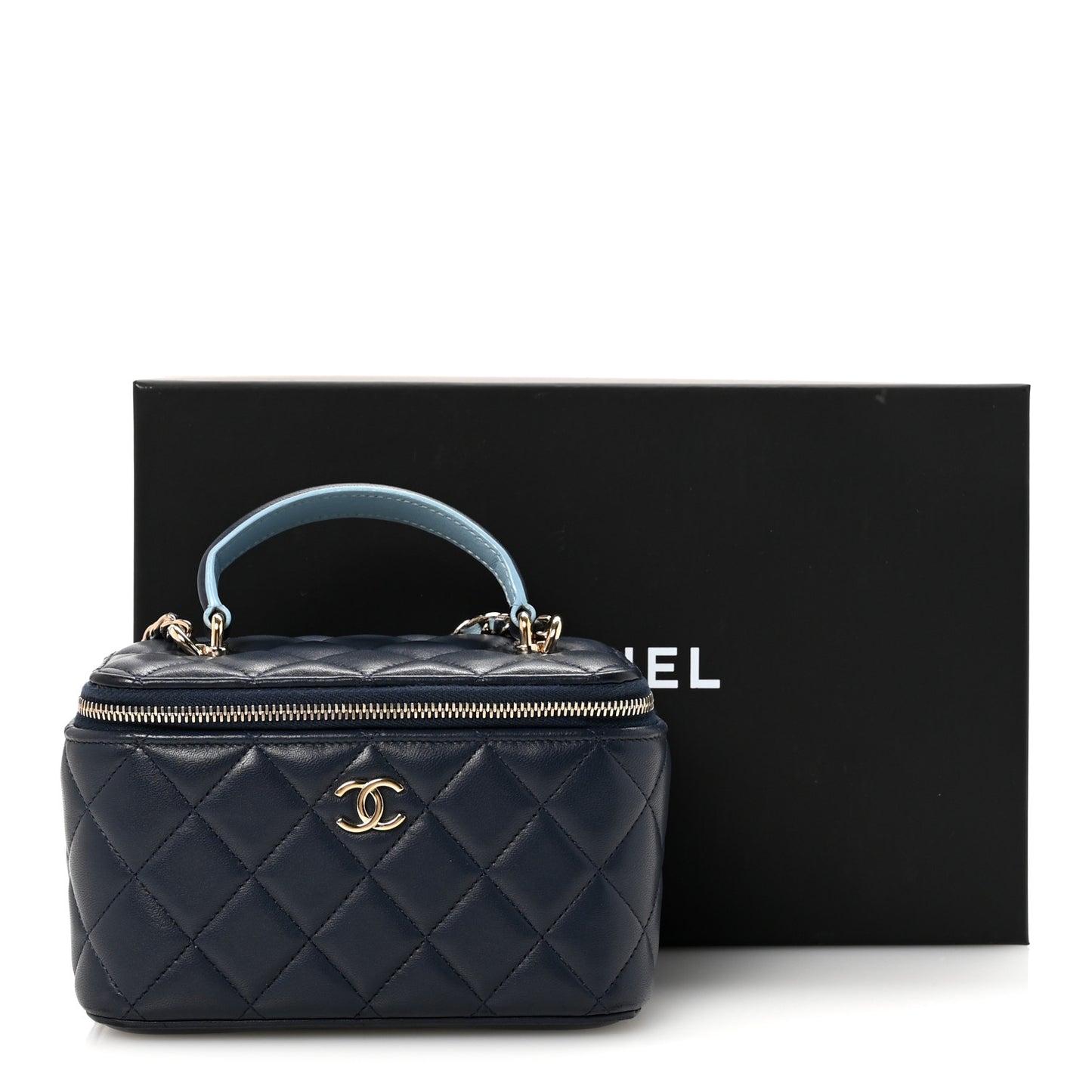 Lambskin Quilted Small Top Handle Vanity Case With Chain Dark Blue Light Blue