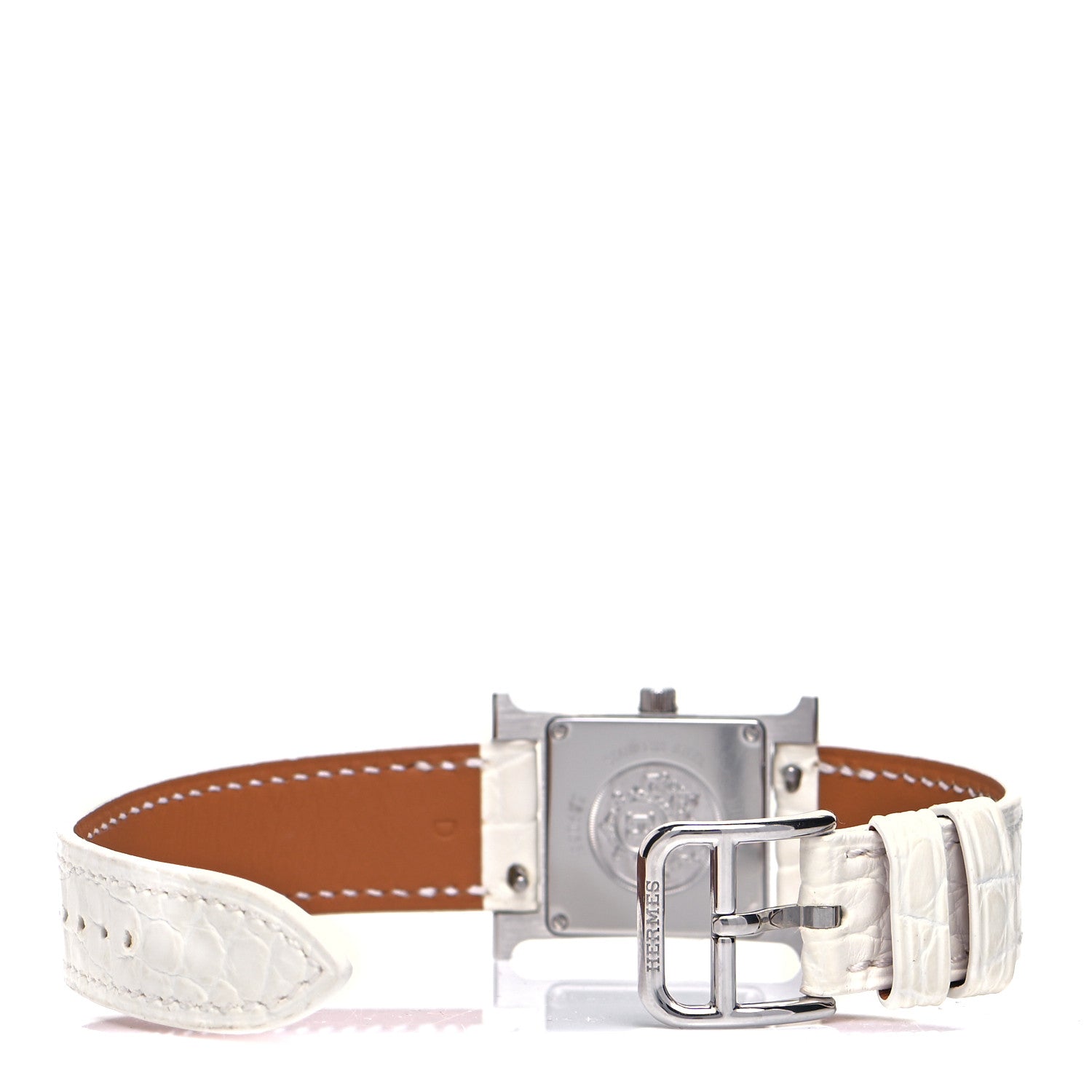 Hermes Stainless Steel Alligator Diamond Lacquer 21mm Heure H Hour Double Jeu Quartz Watch Blanc 5 of 7