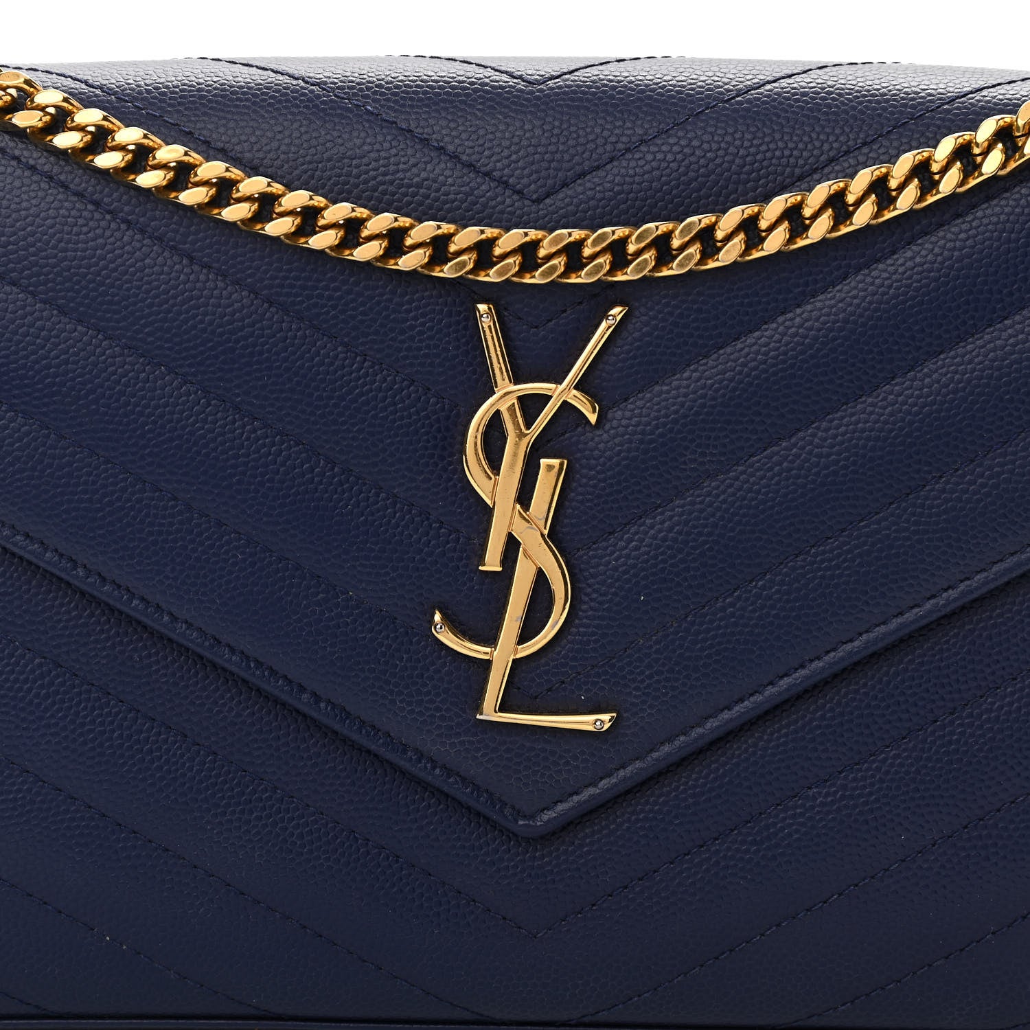 Saint Laurent Grain De Poudre Matelasse Chevron Monogram Chain Wallet Navy 8 of 11