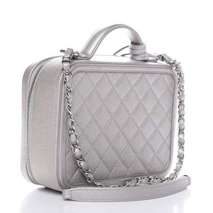 Chanel Metallic Caviar Quilted Medium CC Filigree Vanity Case Silver 3 of 12