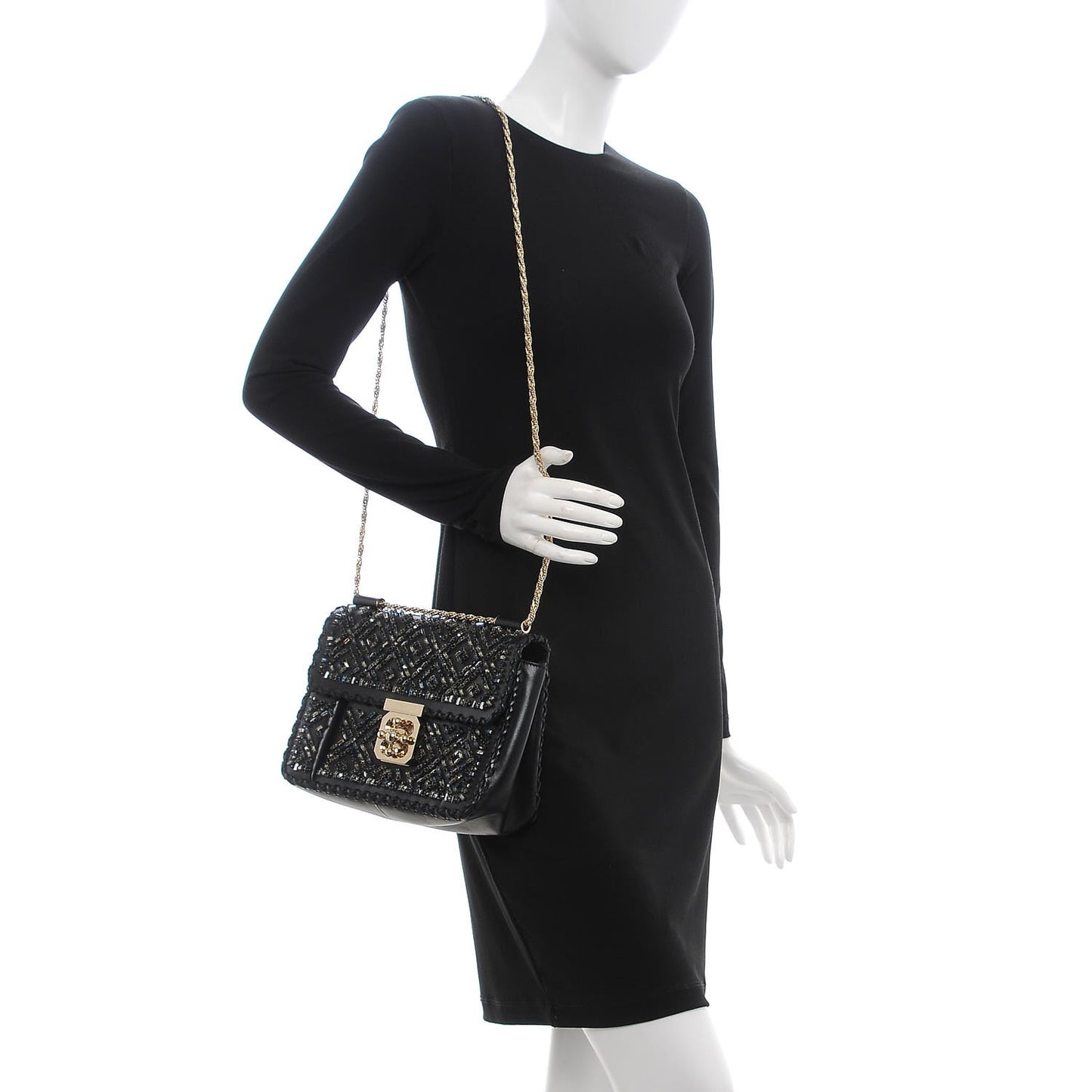Calfskin Crystal Embellished Medium Elsie Shoulder Bag Black