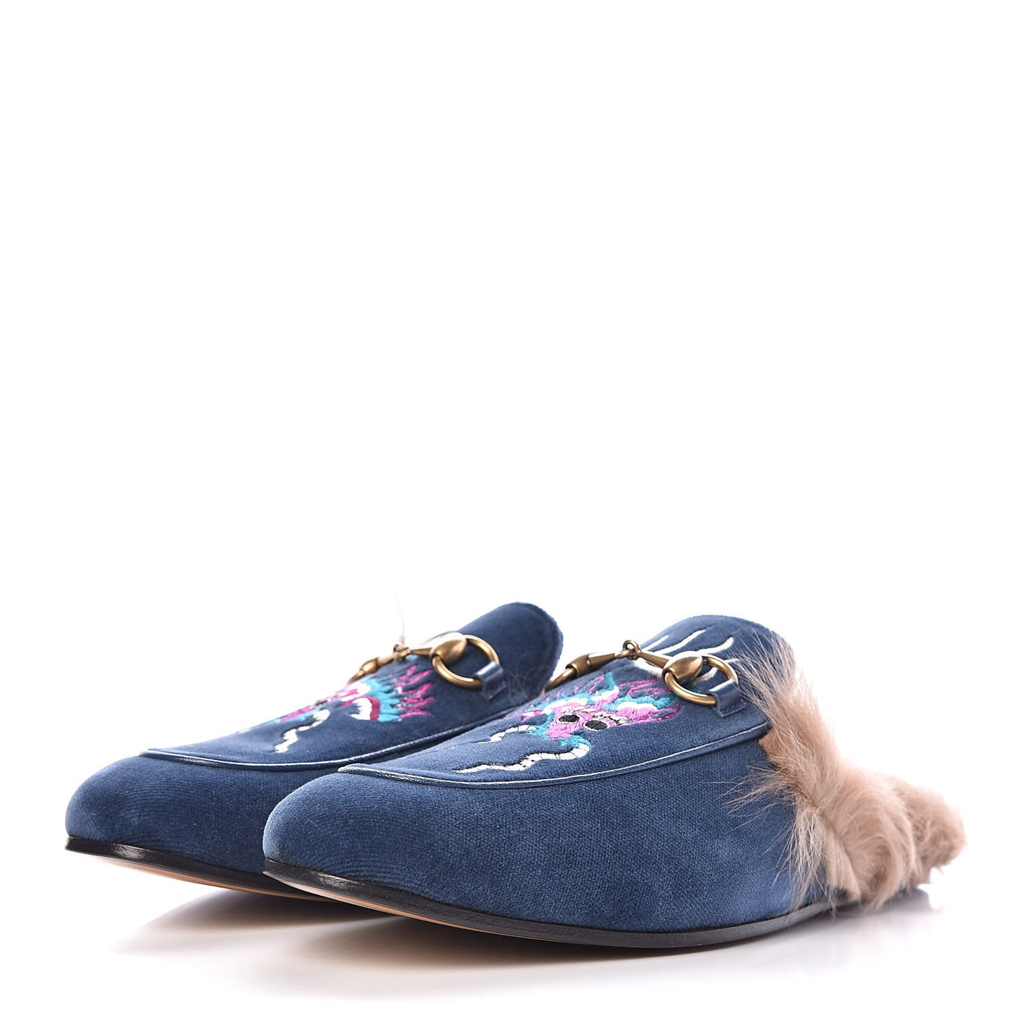 Velvet Fur Dragon Embroidered Mens Princetown Slippers 6 Zaffre Dark Zaffre