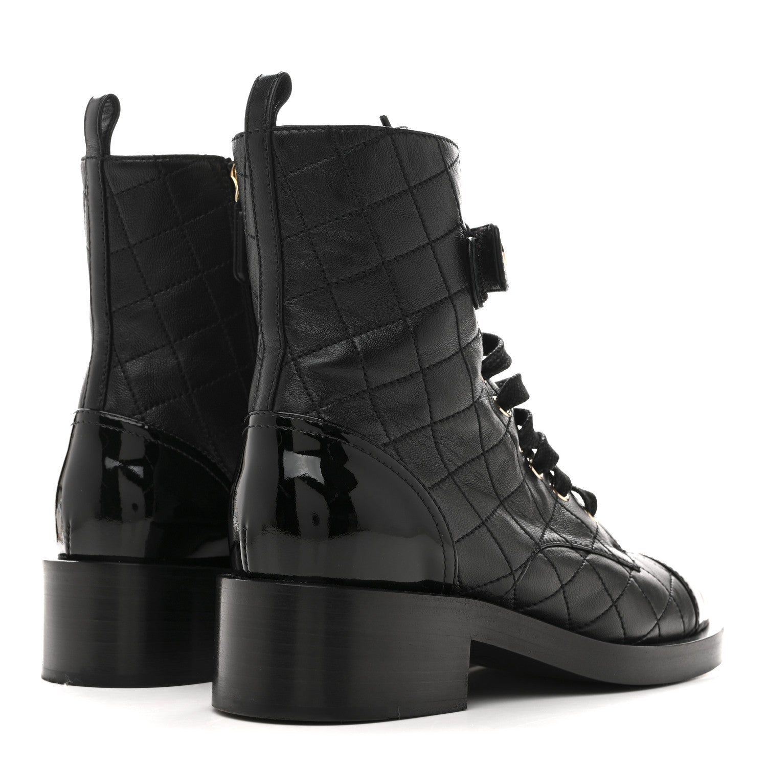 Chanel Lambskin Patent Calfskin Quilted Logo Lace Up Combat Boots 37 Black 5 of 11