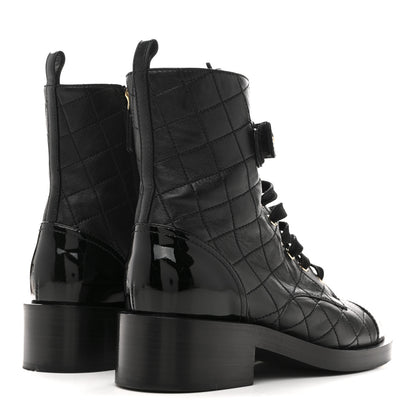 Chanel Lambskin Patent Calfskin Quilted Logo Lace Up Combat Boots 37 Black 5 of 11