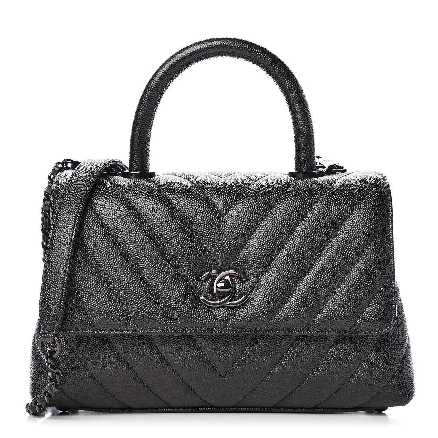 Caviar Chevron Quilted Mini Coco Handle Flap So Black