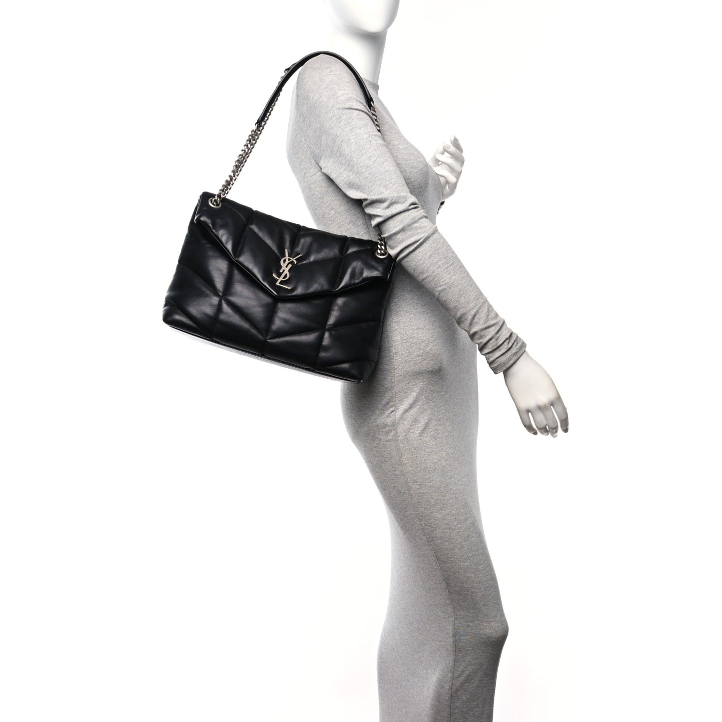 Lambskin Quilted Medium Loulou Puffer Monogram Chain Satchel Black