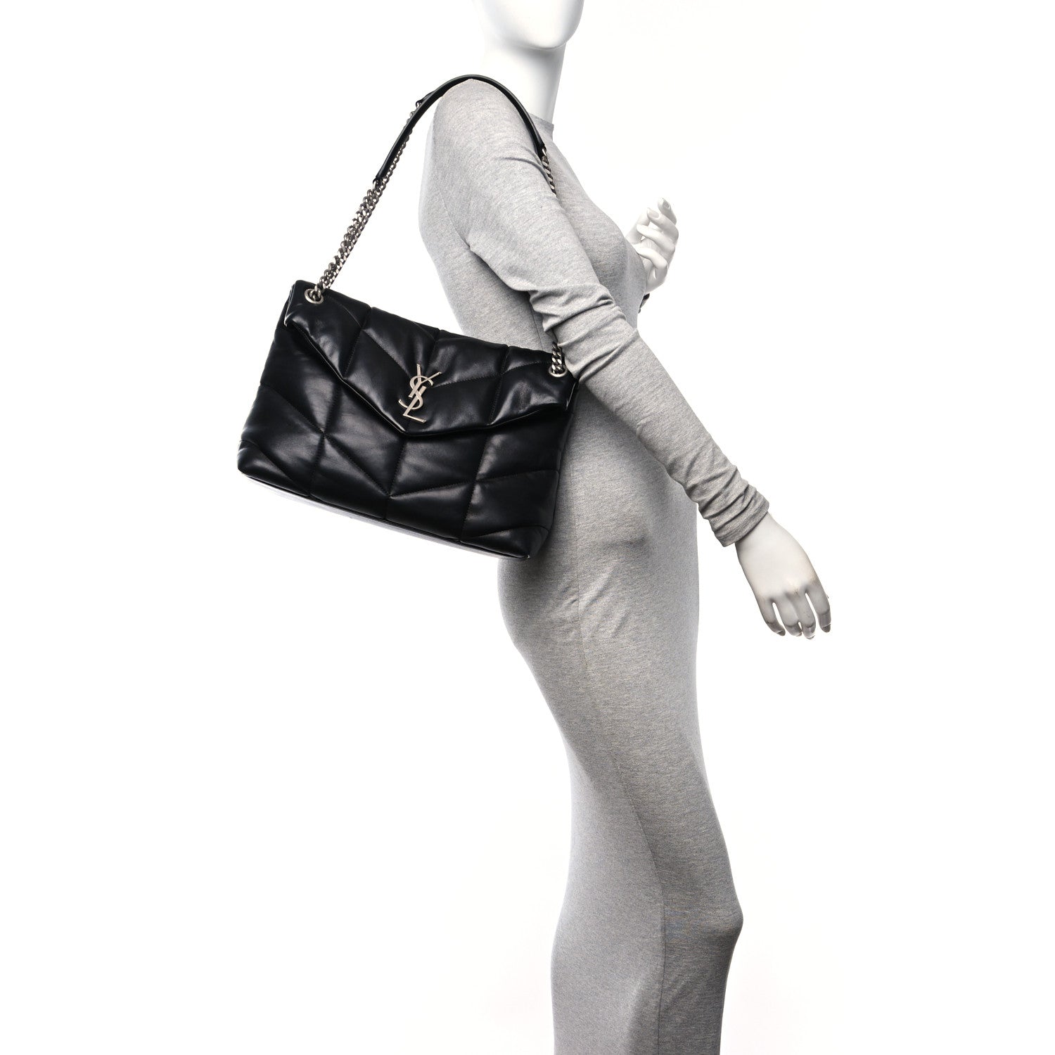 Saint Laurent Lambskin Quilted Medium Loulou Puffer Monogram Chain Satchel Black 2 of 11