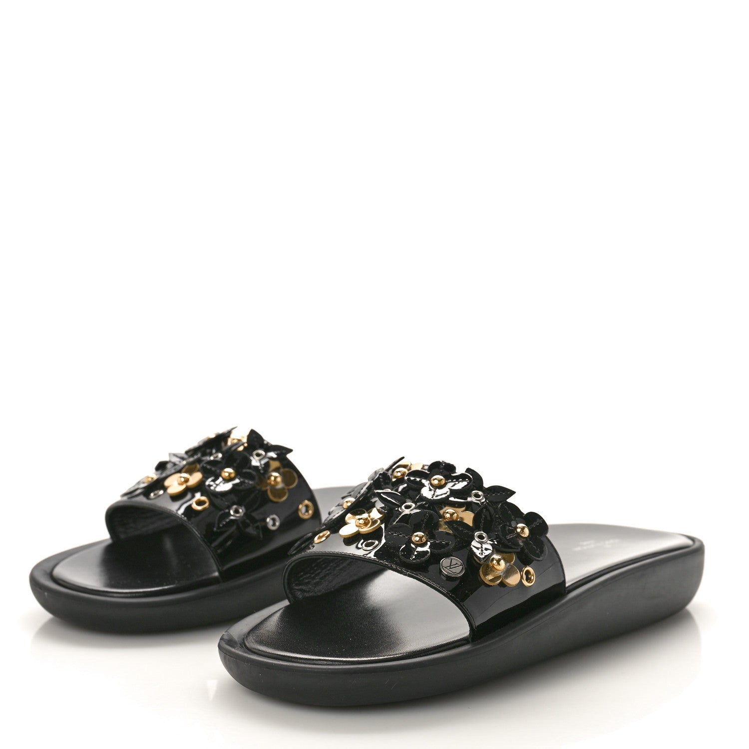 Louis Vuitton Patent Sunbath Flower Slide Sandals 37 Black Gold 4 of 9