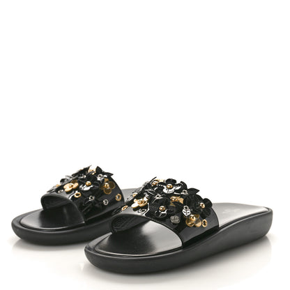Louis Vuitton Patent Sunbath Flower Slide Sandals 37 Black Gold 4 of 9