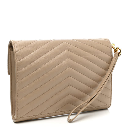 Saint Laurent Grain De Poudre Matelasse Chevron Monogram Envelope Clutch Dark Beige 3 of 7