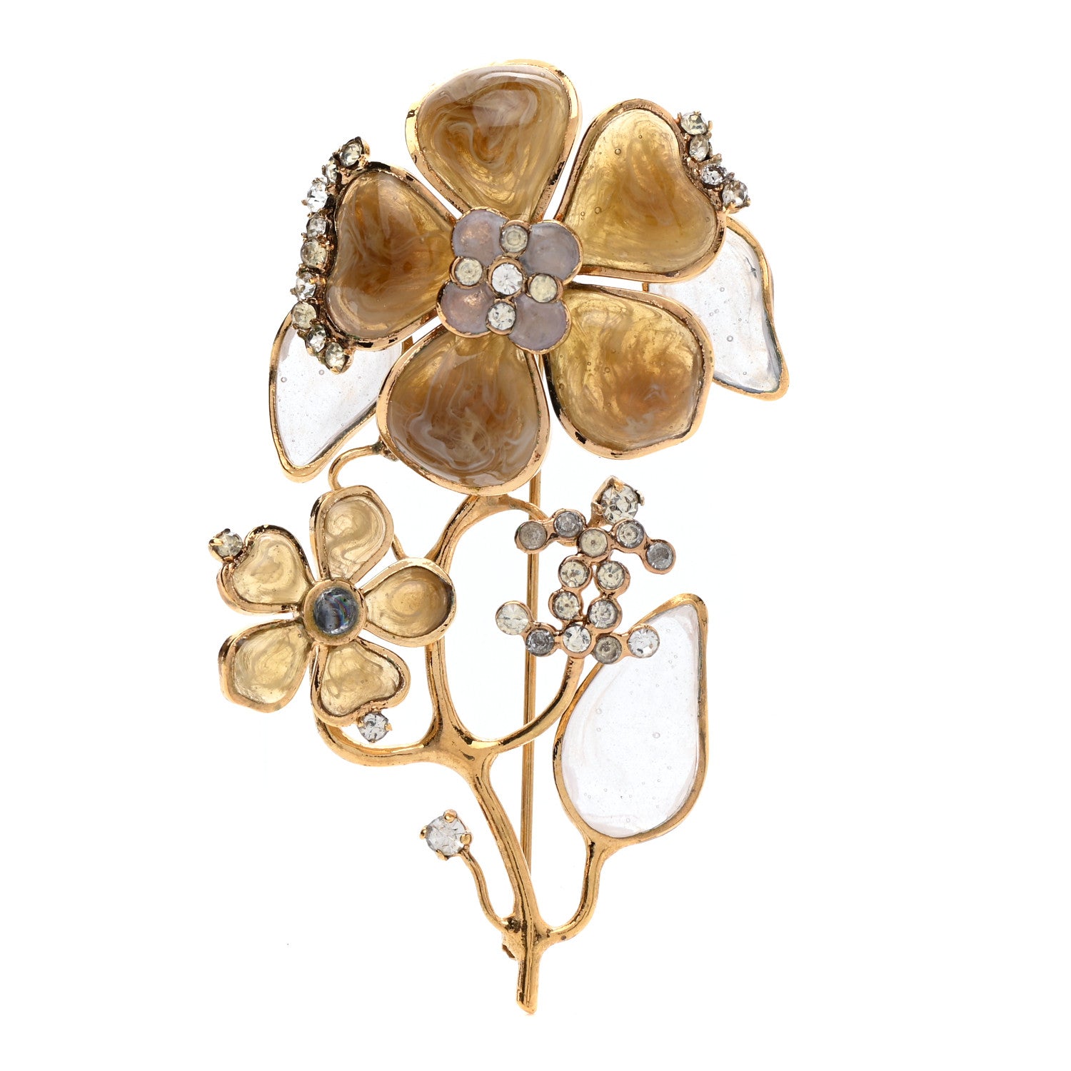 Chanel Gripoix Poured Glass Crystal Camellia Brooch Gold 1 of 4