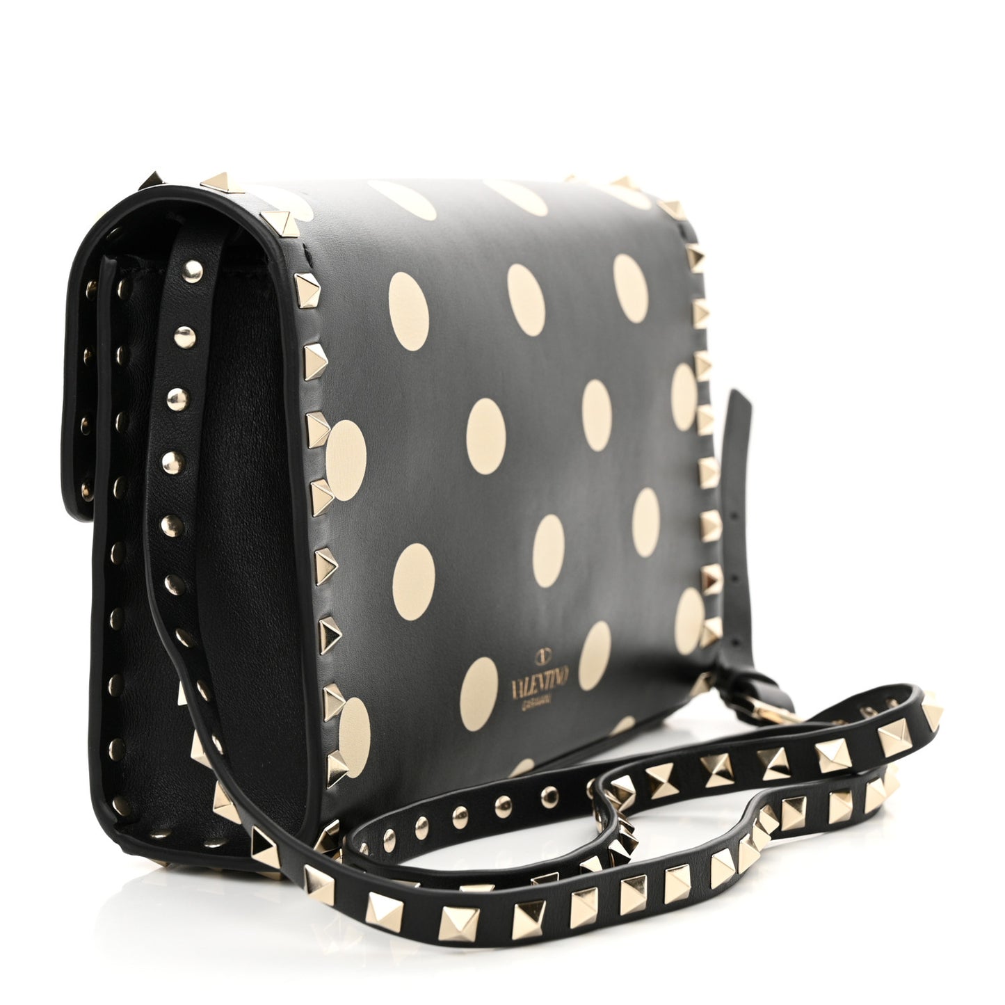 Vitello Polka Dot Medium Rockstud Flip Lock Crossbody Bag Black Light Ivory