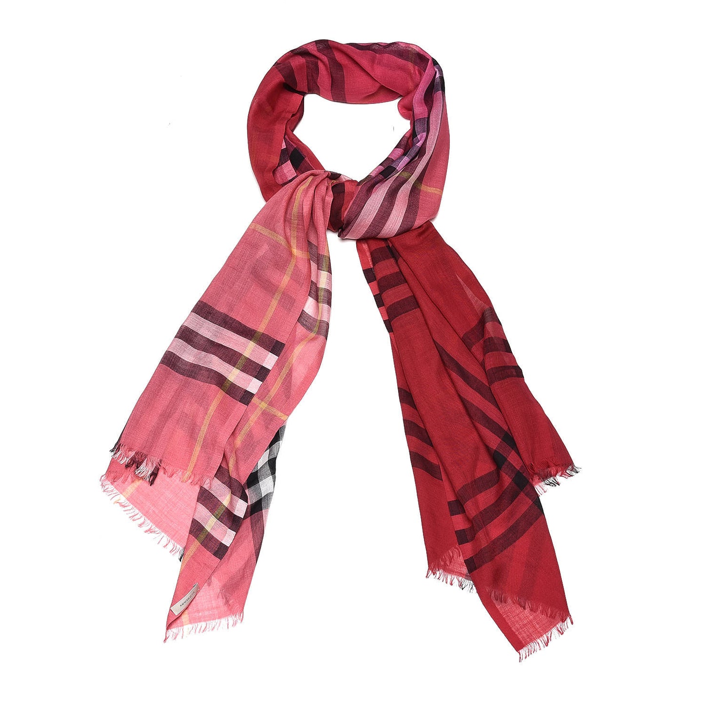 Wool Silk Gauze Ombre Giant Check Scarf Coral Pink