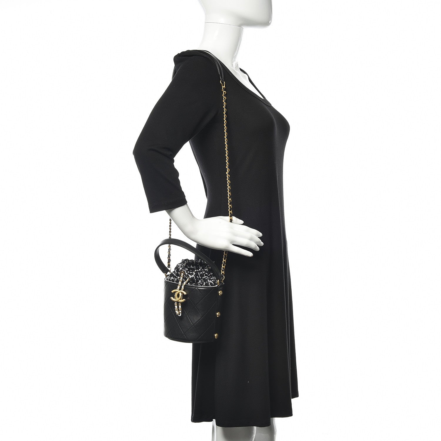 Chanel Calfskin Tweed Small CC Chain Bucket Drawstring Bag Black Multicolor 2 of 10