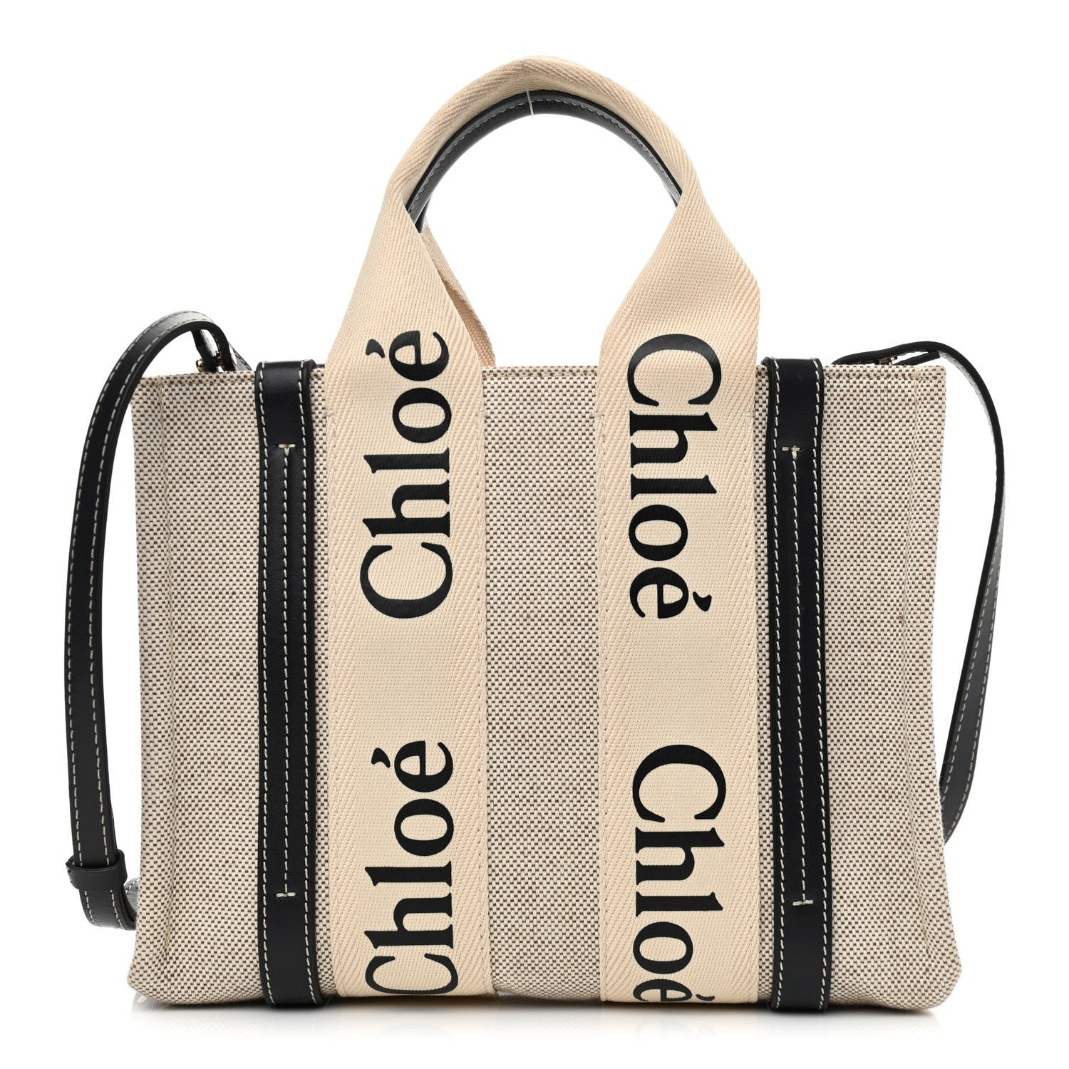 Chloe Cotton Calfskin Small Woody Ribbon Tote With Strap White Navy 1 of 11