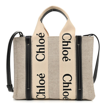 Chloe Cotton Calfskin Small Woody Ribbon Tote With Strap White Navy 1 of 11