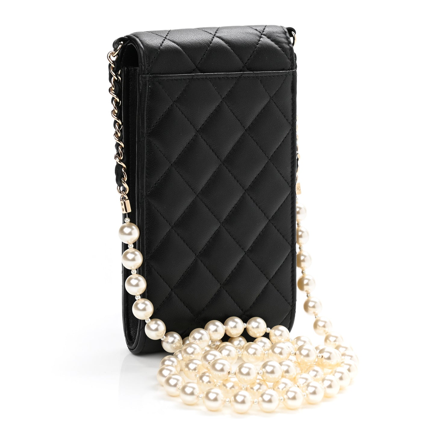 Lambskin Quilted Pearl Phone Holder With Chain Black