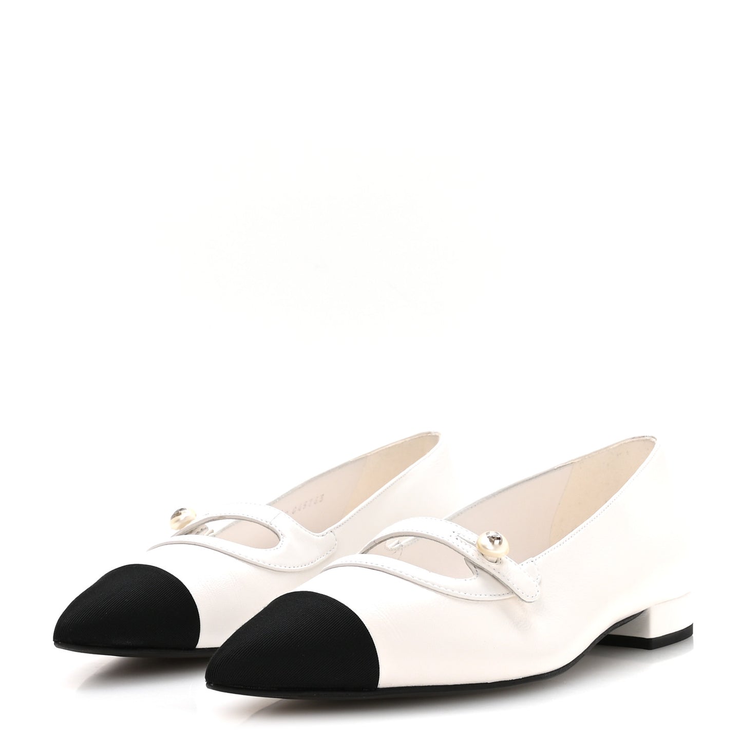 Shiny Lambskin Grosgrain Pearl Mary Janes Flats 38 White Black