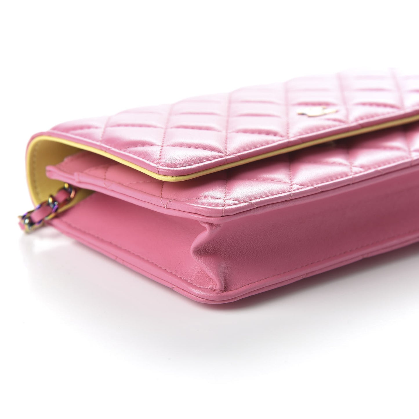 Lambskin Quilted Wallet On Chain WOC Pink Yellow