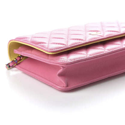 Chanel Lambskin Quilted Wallet On Chain WOC Pink Yellow 6 of 11