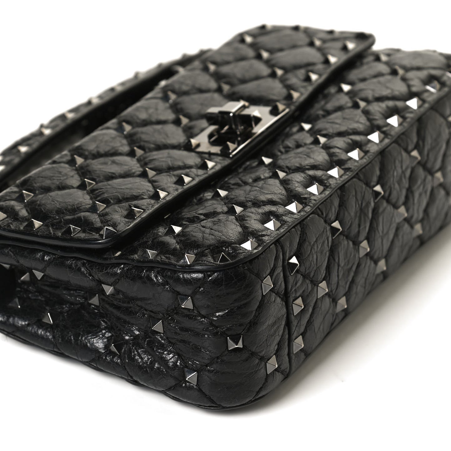 Craquele Nappa Small Rockstud Spike Shoulder Bag Black