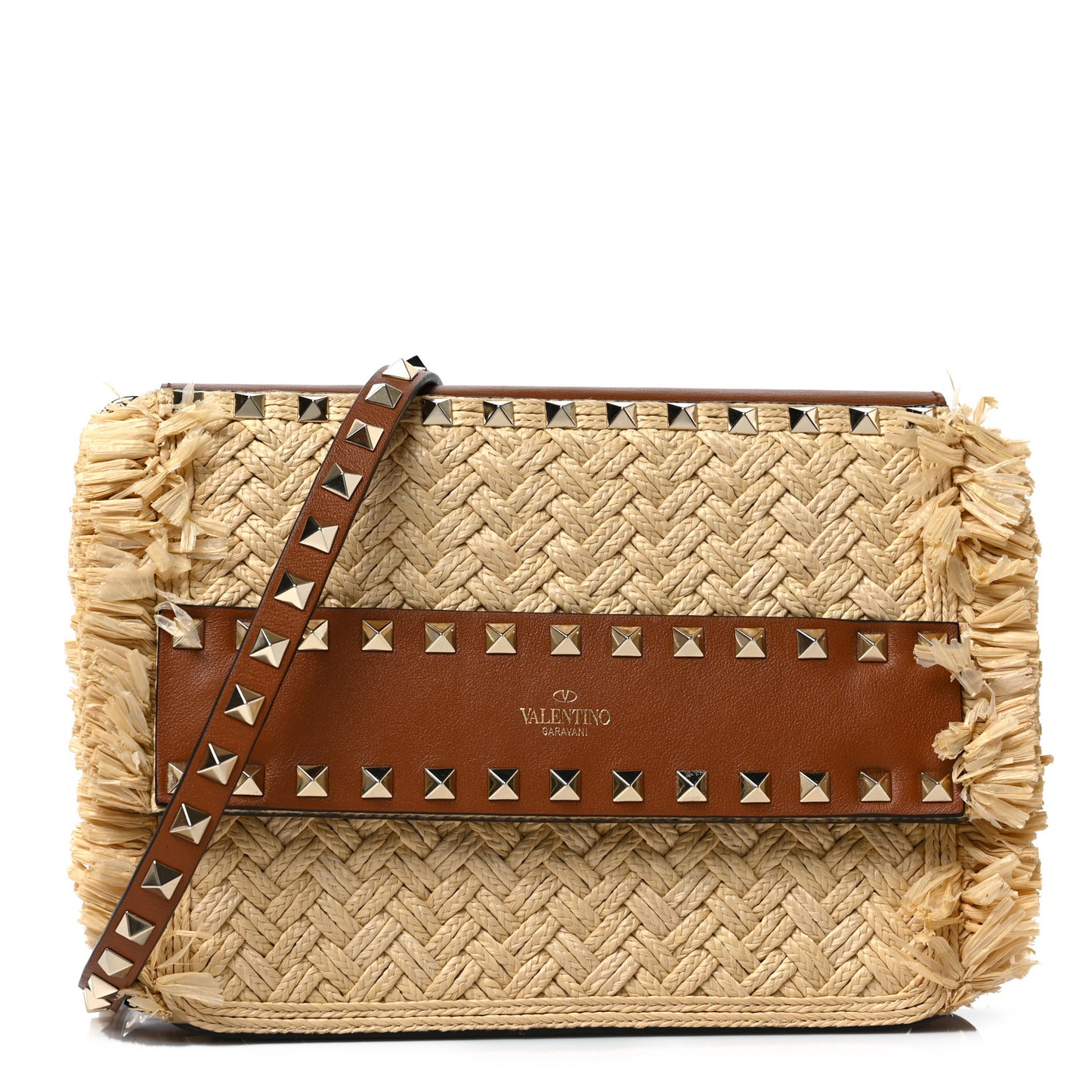 Raffia Calfskin Small Rockstud Shoulder Bag Natural Selleria