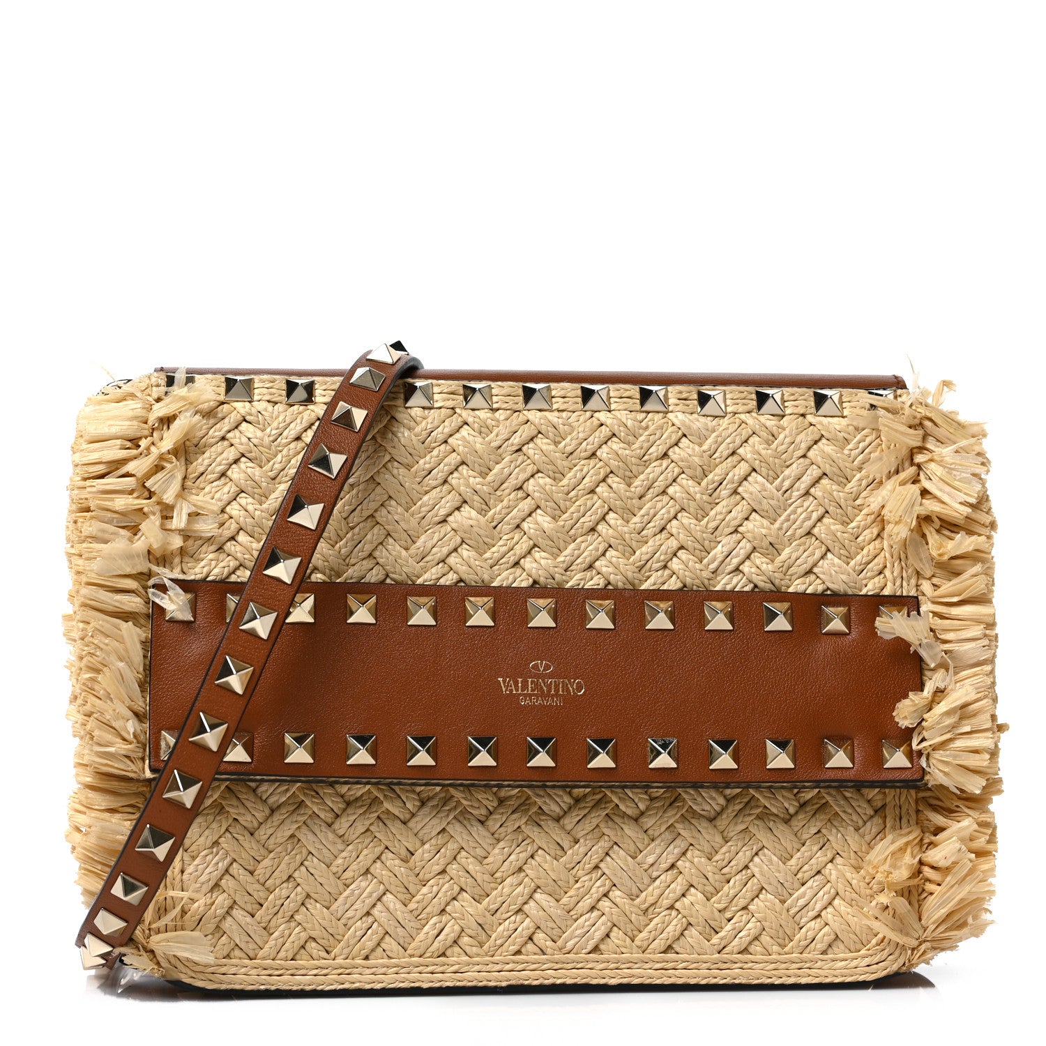 Valentino Garavani Raffia Calfskin Small Rockstud Shoulder Bag Natural Selleria 1 of 8